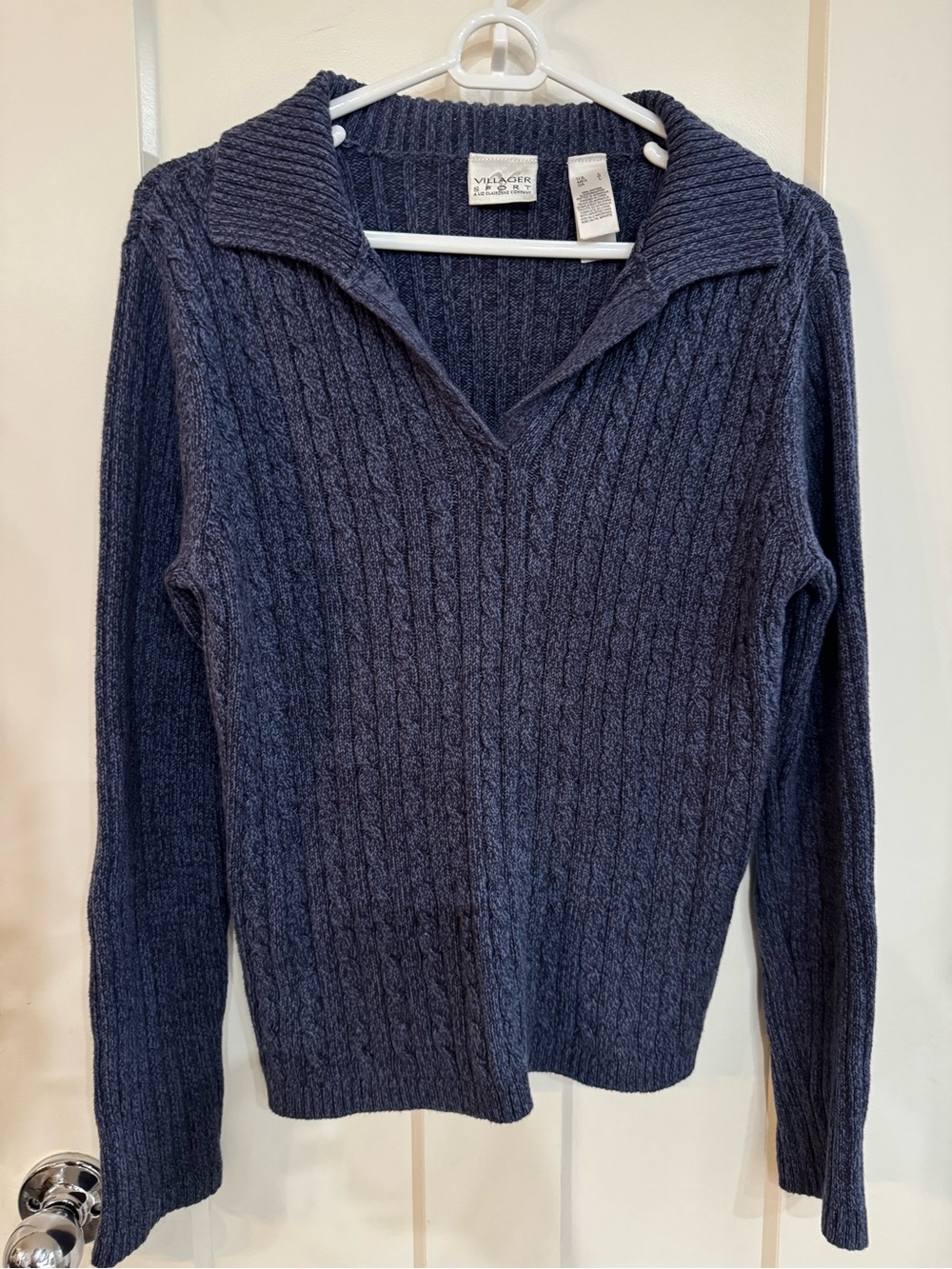 Vintage Liz Claiborne Dark Navy Cable-Knit 100% Cotton V-Neck Sweater